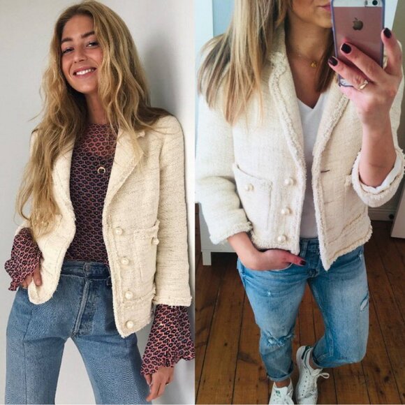 Zara Jackets & Blazers - New Zara Ivory Ecru Tweed Textured Blazer Jacket w/Pockets, Pearl Buttons, Ivory